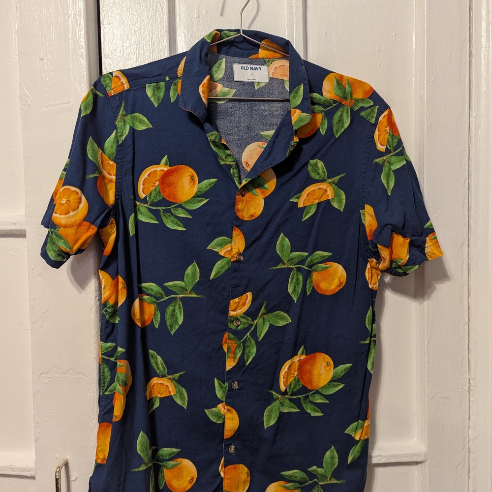 Old Navy Men's Blue Shirt with Orange Print Small